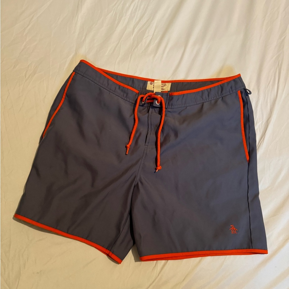 Original Penguin Men's Charcoal Grey Swim Shorts with Bright Orange Accents - Picture 2 of 6